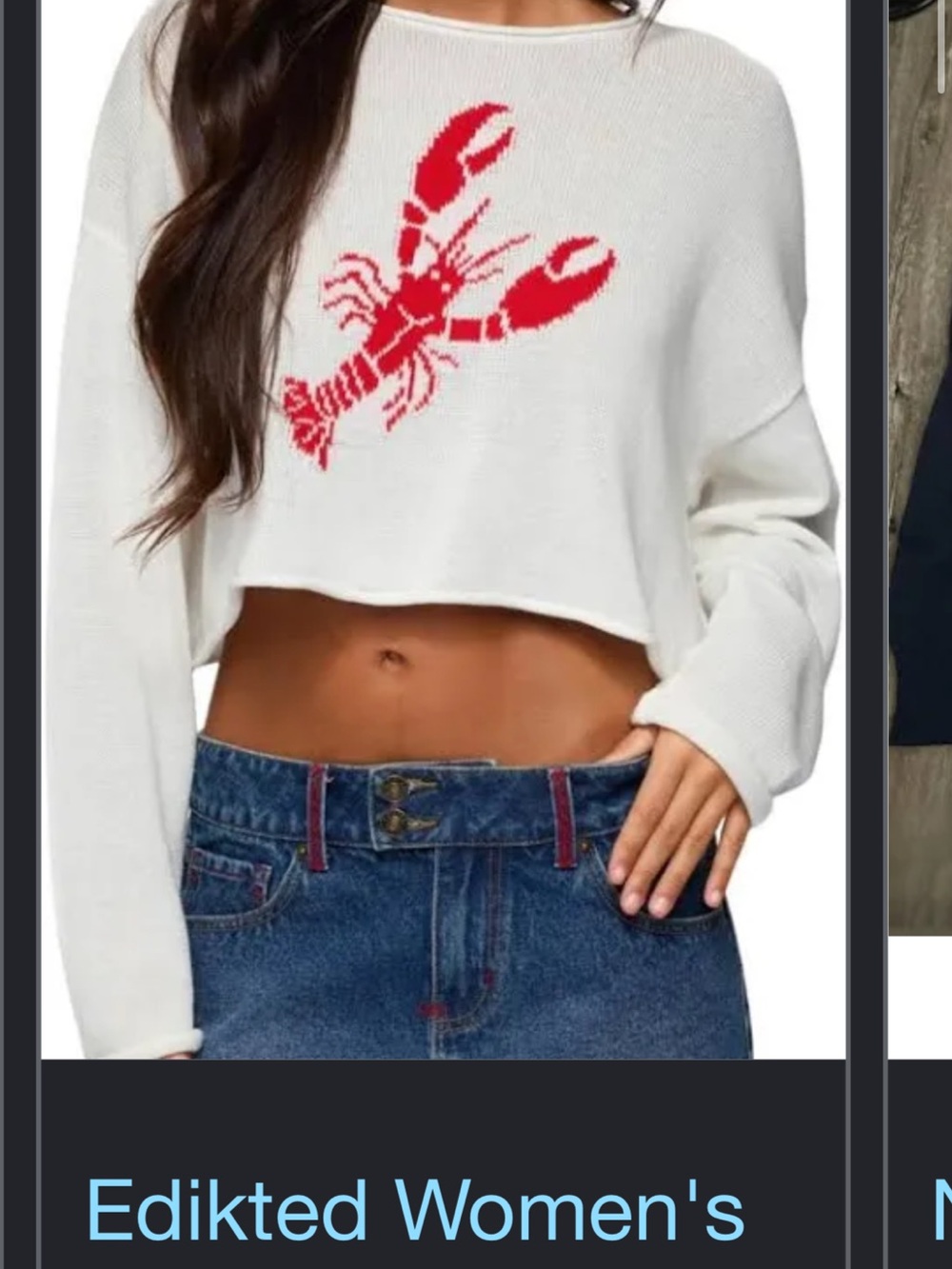 Edikted White Cropped Knit Sweater with Red Lobster Graphic